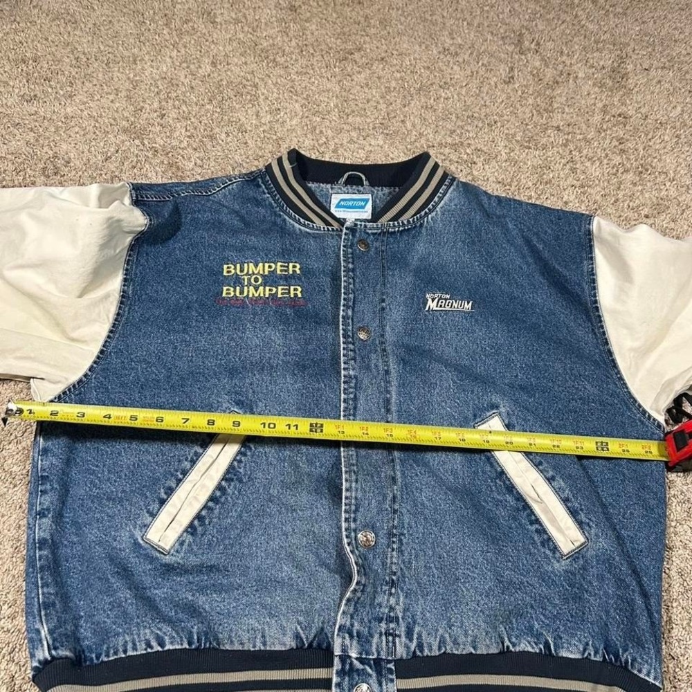 Vintage Norton Bomber Jacket Denim Varsity Style Patch‎ 90s Automotive Large - Picture 5 of 7